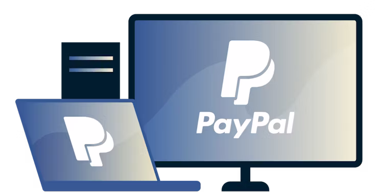 P&ouml;yt&auml;kone ja kannettava, joissa on PayPalin logo.